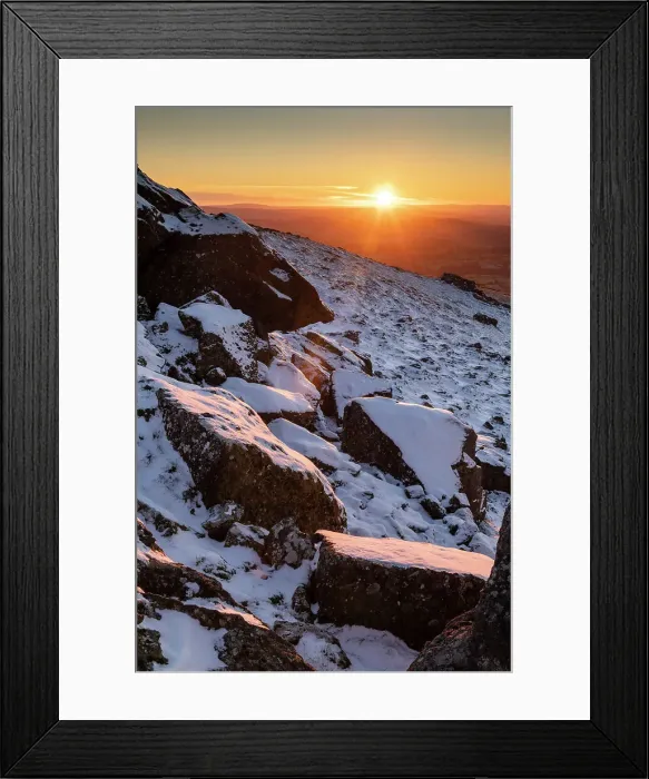 Framed Print : Sunset over snow covered rocks on Sourton Tor, Dartmoor National Park, Devon, England. Winter (December) 2022 Framed Print : Sunset over snow covered rocks on Sourton Tor, Dartmoor National Park, Devon, England. Winter (December) 2022
