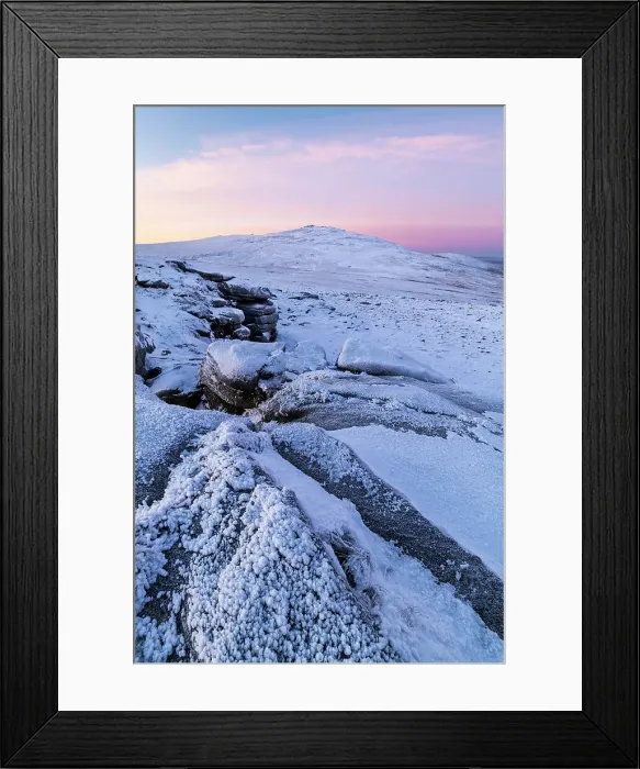 Framed Print : Snow and ice covered moorland at dawn on West Mill Tor in Dartmoor National Park, Devon, England. Winter (December) 2022 Framed Print : Snow and ice covered moorland at dawn on West Mill Tor in Dartmoor National Park, Devon, England. Winter (December) 2022