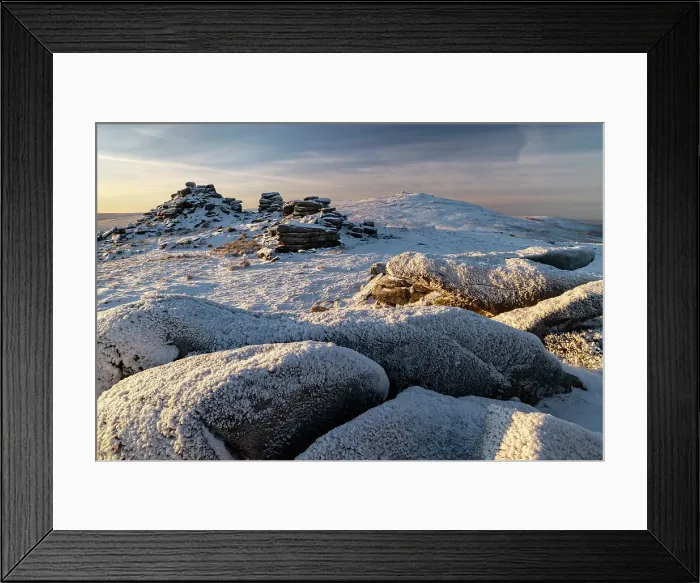 Framed Print : Snow and ice over moorland at West Mill Tor in Dartmoor National Park, Devon, England. Winter (December) 2022 Framed Print : Snow and ice over moorland at West Mill Tor in Dartmoor National Park, Devon, England. Winter (December) 2022