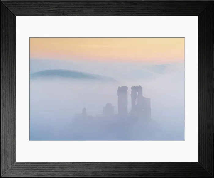 Framed Print : The ruins of Corfe Castle emerging from mist at dawn, Corfe Castle, Dorset, England. Winter (February) 2023 Framed Print : The ruins of Corfe Castle emerging from mist at dawn, Corfe Castle, Dorset, England. Winter (February) 2023