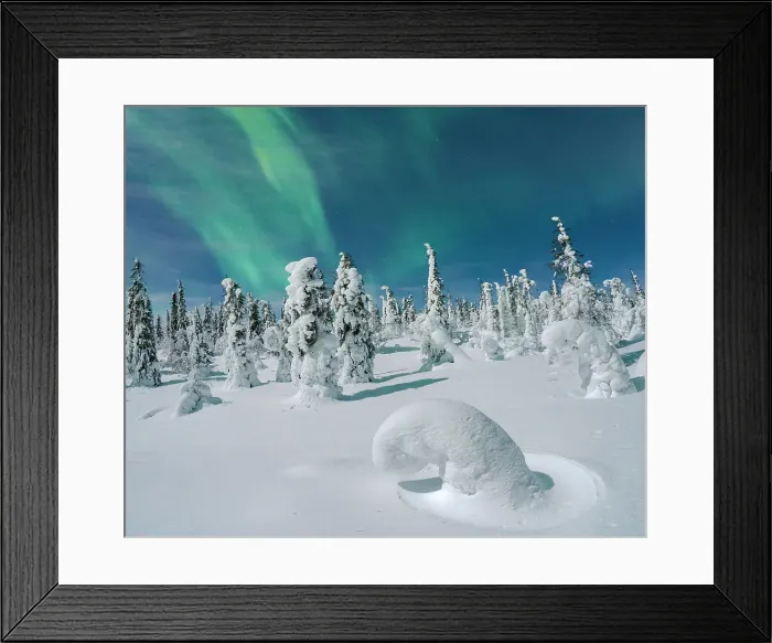 Framed Print : Northern Lights in the night sky over ice sculptures wrapped in snow, Lapland, Finland Framed Print : Northern Lights in the night sky over ice sculptures wrapped in snow, Lapland, Finland