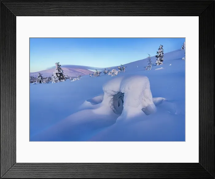 Framed Print : Ice sculptures wrapped in snow at dawn, Lapland, Finland