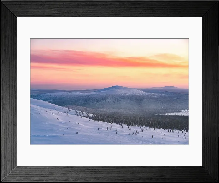 Framed Print : Romantic sky at sunset over a snowy frozen forest in winter mist, Pallas Yllastunturi National Park, Muonio, Lapland, Finland Framed Print : Romantic sky at sunset over a snowy frozen forest in winter mist, Pallas Yllastunturi National Park, Muonio, Lapland, Finland