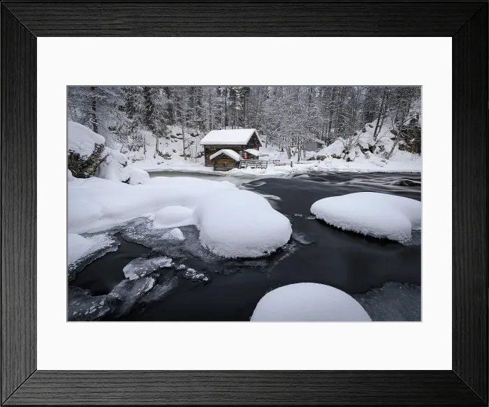 Framed Print : Old mill in a snowy forest overlooking a frozen river in winter, Myllykoski, Oulanka National Park, Kuusamo, Lapland, Finland Framed Print : Old mill in a snowy forest overlooking a frozen river in winter, Myllykoski, Oulanka National Park, Kuusamo, Lapland, Finland