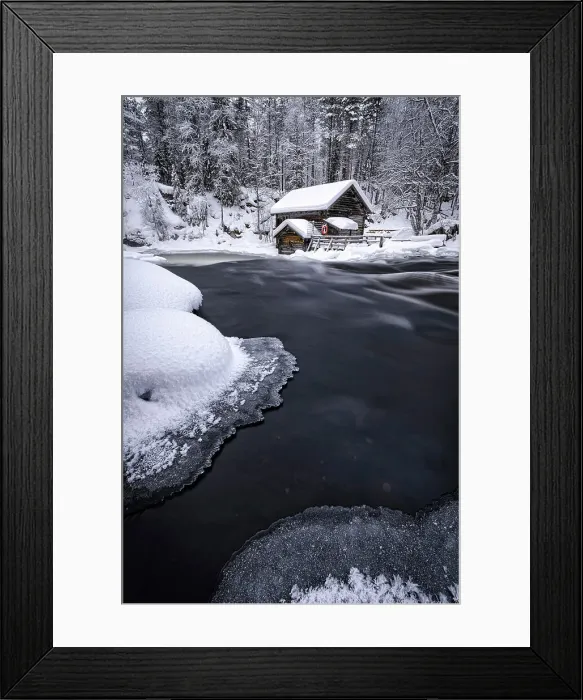 Framed Print : Myllykoski frozen rapids and snowy mill into an arctic forest, Juuma, Oulanka National Park, Kuusamo, Lapland, Finland