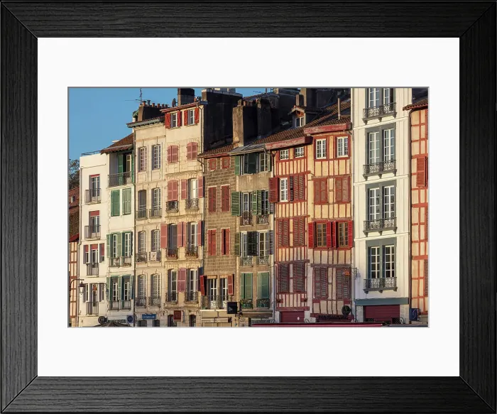 Framed Print : Basque houses on the Nive, Bayonne, Pyrenees-Atlantiques, Nouvelle Aquitaine, France Framed Print : Basque houses on the Nive, Bayonne, Pyrenees-Atlantiques, Nouvelle Aquitaine, France