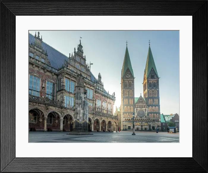 Framed Print : St. Petri Cathedral and town hall on the market square at sunrise, Bremen, Germany Framed Print : St. Petri Cathedral and town hall on the market square at sunrise, Bremen, Germany