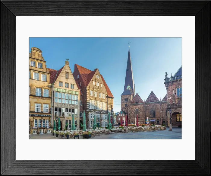 Framed Print : Historic houses and Church Unser Lieben Frauen on the market square at sunrise, Bremen, Germany Framed Print : Historic houses and Church Unser Lieben Frauen on the market square at sunrise, Bremen, Germany