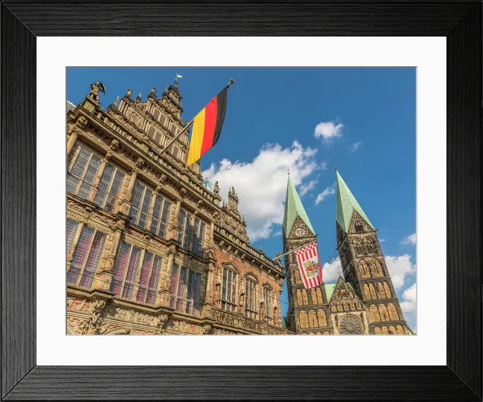 Framed Print : Town hall with Germany and Bremen flag in front of St. Petri Cathedral on the market square, Bremen, Germany Framed Print : Town hall with Germany and Bremen flag in front of St. Petri Cathedral on the market square, Bremen, Germany