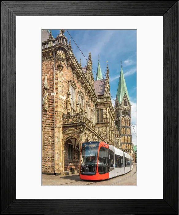 Framed Print : Tram in front of the town hall on the market square, in the background St. Petri Cathedral, Bremen, Germany Framed Print : Tram in front of the town hall on the market square, in the background St. Petri Cathedral, Bremen, Germany