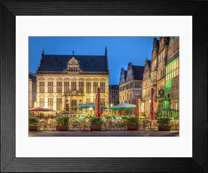 Framed Print : Street cafes and Haus Schuetting on the market square in the evening, Bremen, Germany Framed Print : Street cafes and Haus Schuetting on the market square in the evening, Bremen, Germany