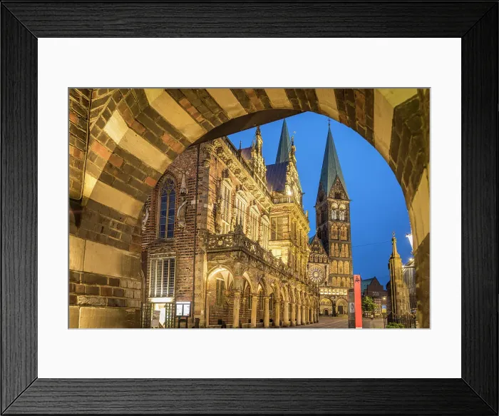 Framed Print : Town hall and St. Petri Cathedral on the market square in the evening, Bremen, Germany Framed Print : Town hall and St. Petri Cathedral on the market square in the evening, Bremen, Germany