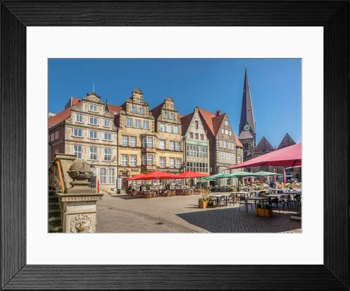 Framed Print : Street cafes and historic houses on the market square, Bremen, Germany Framed Print : Street cafes and historic houses on the market square, Bremen, Germany