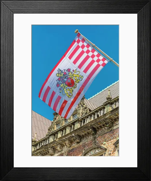 Framed Print : Bremen flag on the historic town hall on the market square, Bremen, Germany Framed Print : Bremen flag on the historic town hall on the market square, Bremen, Germany