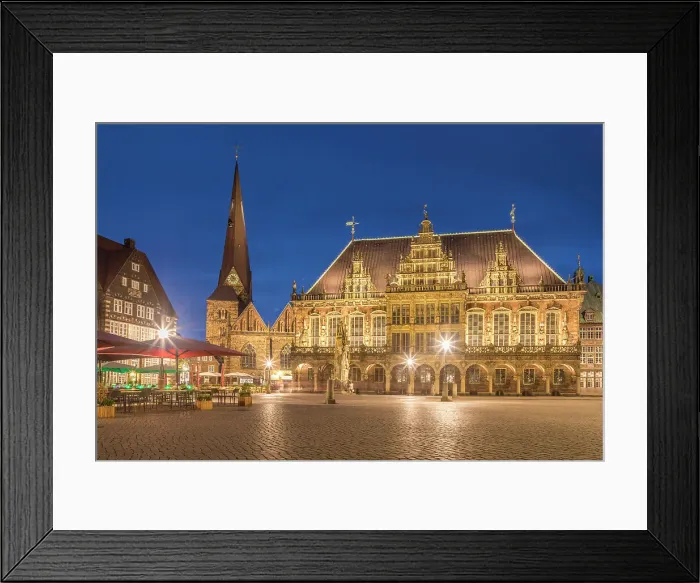 Framed Print : Town hall and Church Unser Lieben Frauen on the market square in the evening, Bremen, Germany Framed Print : Town hall and Church Unser Lieben Frauen on the market square in the evening, Bremen, Germany