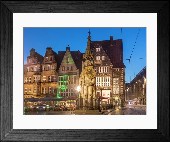 Framed Print : Bremer Roland and historic houses on the market square in the evening, Bremen, Germany Framed Print : Bremer Roland and historic houses on the market square in the evening, Bremen, Germany