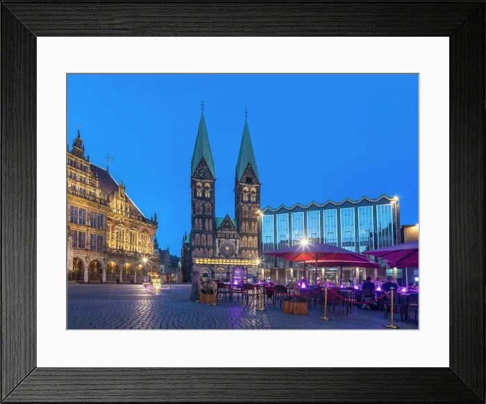Framed Print : Street cafes on the market square with town hall and St. Petri Cathedral in the evening, Bremen, Germany Framed Print : Street cafes on the market square with town hall and St. Petri Cathedral in the evening, Bremen, Germany