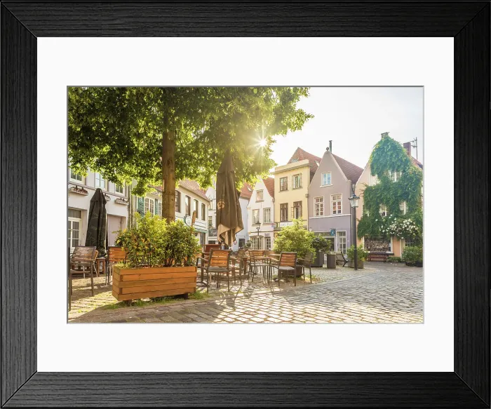 Framed Print : Stavendamm Square in the historic Schnoor district at sunrise, Bremen, Germany Framed Print : Stavendamm Square in the historic Schnoor district at sunrise, Bremen, Germany