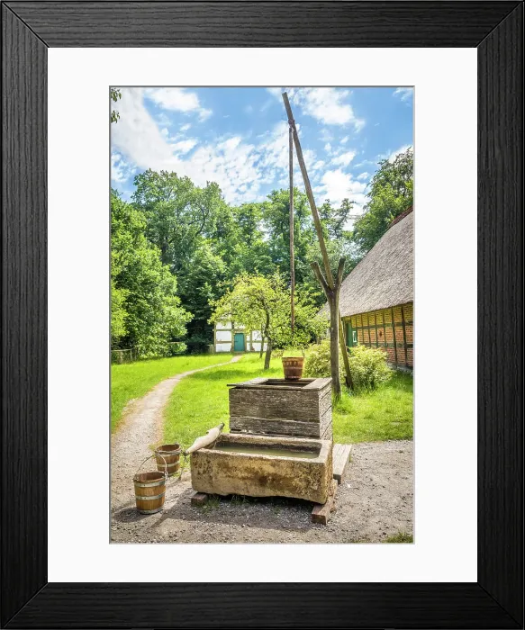 Framed Print : Cloppenburg Museum Village: Drawing well from Hof Hoffmann from Goldenstedt (Vechta district, built 1835-1840), Emsland, Lower Saxony, Germany Framed Print : Cloppenburg Museum Village: Drawing well from Hof Hoffmann from Goldenstedt (Vechta district, built 1835-1840), Emsland, Lower Saxony, Germany