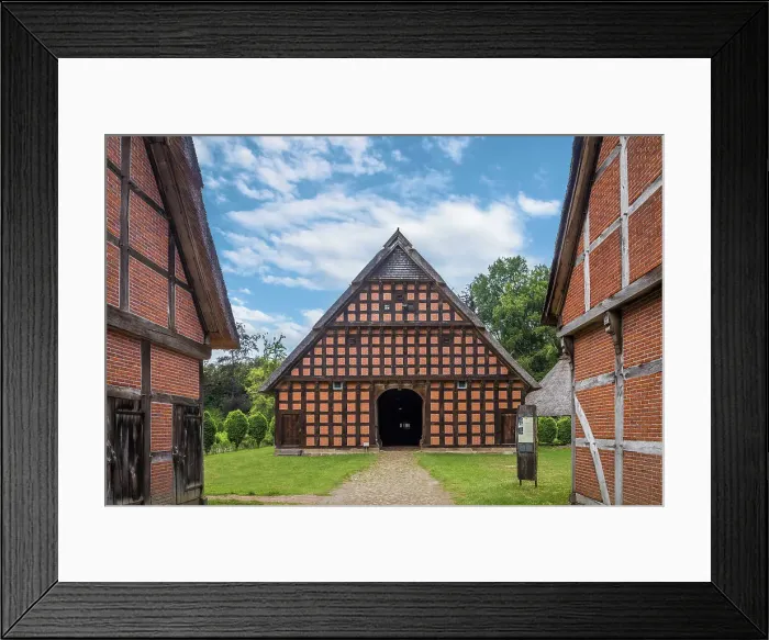 Framed Print : Cloppenburg Museum Village: Main house of the Wehlburg farm complex from Wehdel (Osnabrueck district, built in 1750), Emsland, Lower Saxony, Germany