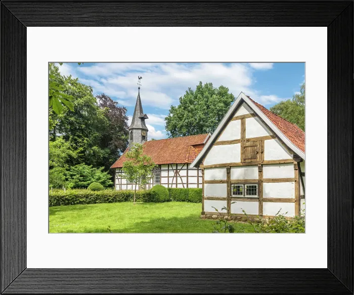 Framed Print : Cloppenburg Museum Village: Village church from Klein Escherde (Hildesheim district, built in 1699. Reconstructed in the museum village in 1977), Emsland, Lower Saxony, Germany