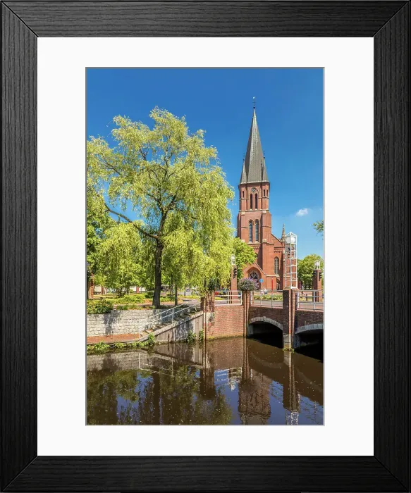 Framed Print : Saint Antonius Church on the main canal in the old town of Papenburg, Emsland, Lower Saxony, Germany