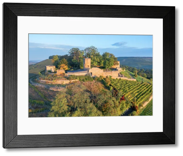 Framed Print : Aerial view of the sunrise at castle ruin Weibertreu, Weinsberg near Heilbronn, Neckar valley, Baden-Wurttemberg, Germany Framed Print : Aerial view of the sunrise at castle ruin Weibertreu, Weinsberg near Heilbronn, Neckar valley, Baden-Wurttemberg, Germany