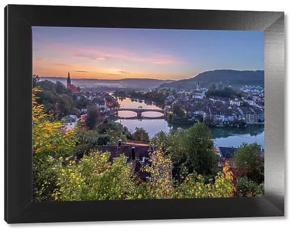 Sunrise above Laufenburg with river Rhine, Southern Black Forest, Baden-Wurttemberg, Germany