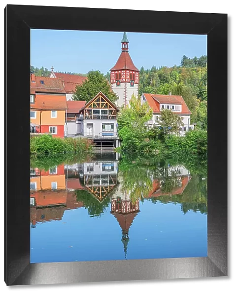 City lake with St. Blasius, Liebenzell, Northern Black Forest, Baden-Wurttemberg, Germany