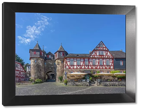 Lower castle gate with market place, Braunfels, Lahn, Lahn valley, Westerwald, Hesse, Germany
