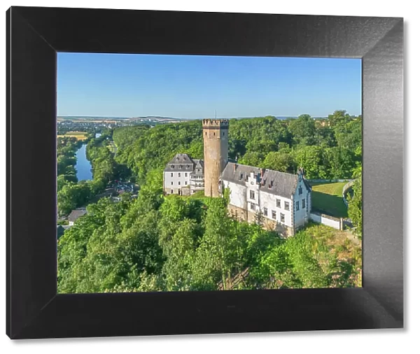 Aerial view at Dehrn castle with river Lahn, Runkel, Lahn valley, Westerwald, Hesse, Germany