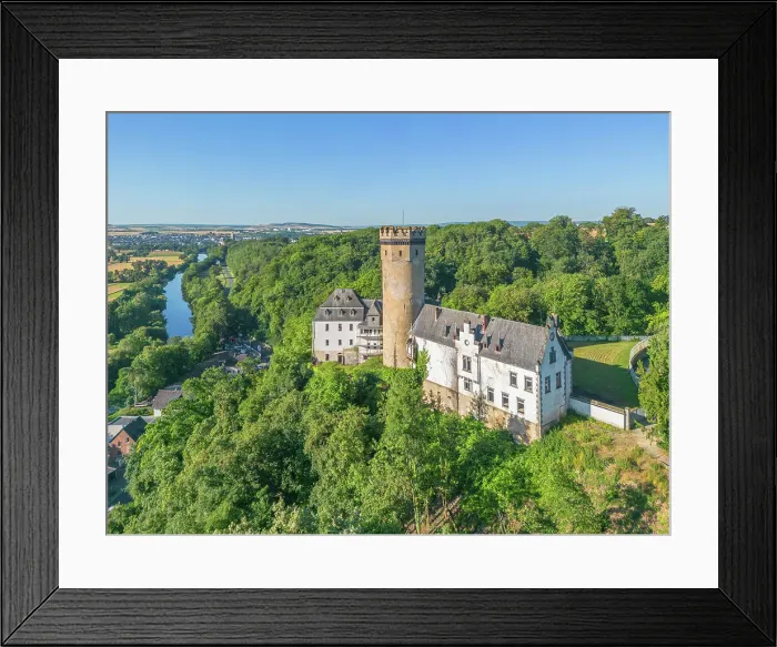 Framed Print : Aerial view at Dehrn castle with river Lahn, Runkel, Lahn valley, Westerwald, Hesse, Germany Framed Print : Aerial view at Dehrn castle with river Lahn, Runkel, Lahn valley, Westerwald, Hesse, Germany