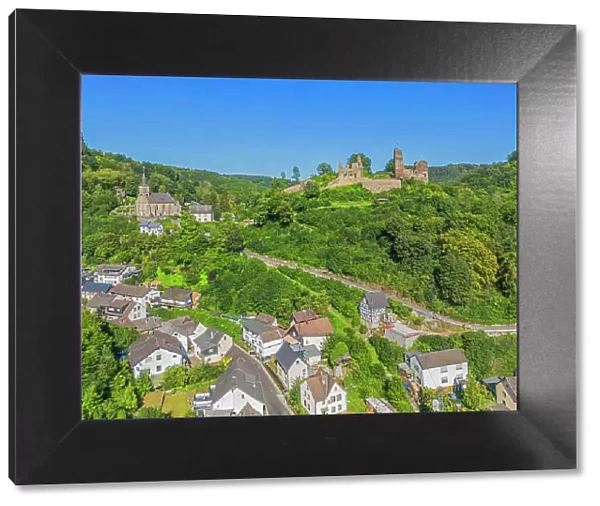Aerial view at Isenburg castle, Sayn valley, Dierdorf, Kreis Neuwied, Westerwald, Rhineland-Palatinate, Germany