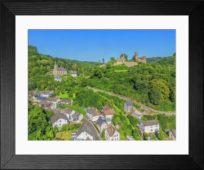 Framed Print : Aerial view at Isenburg castle, Sayn valley, Dierdorf, Kreis Neuwied, Westerwald, Rhineland-Palatinate, Germany Framed Print : Aerial view at Isenburg castle, Sayn valley, Dierdorf, Kreis Neuwied, Westerwald, Rhineland-Palatinate, Germany