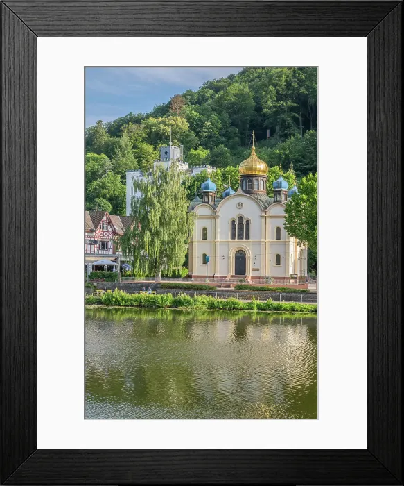 Framed Print : River Lahn with russian church, Bad Ems, Lahn valley, Rhineland-Palatinate, Germany Framed Print : River Lahn with russian church, Bad Ems, Lahn valley, Rhineland-Palatinate, Germany
