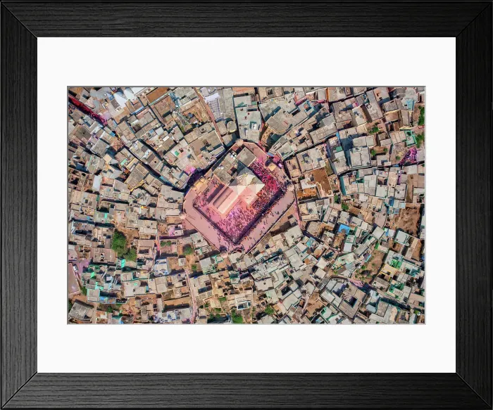 Framed Print : Aerial view of people celebrating the holy colour festival near the Shri And Baba Temple, Uttar Pradesh, India Framed Print : Aerial view of people celebrating the holy colour festival near the Shri And Baba Temple, Uttar Pradesh, India