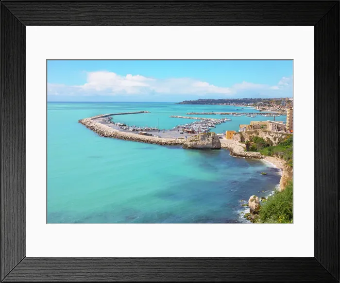 Framed Print : Sciacca harbour and coastline, elevated view, Sciacca, Agrigento district, Sicily, Italy