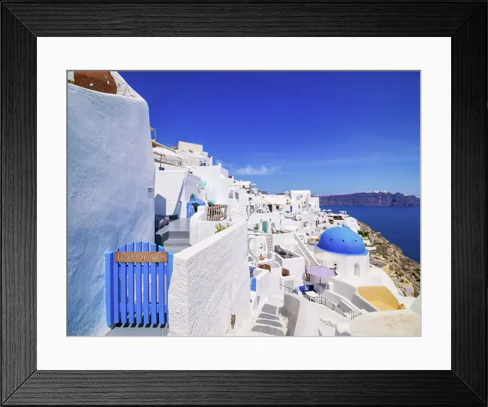 Framed Print : Iconic blue domed church of Saint Spyridon, Oia Village, Santorini or Thira Island, Cyclades, Greece Framed Print : Iconic blue domed church of Saint Spyridon, Oia Village, Santorini or Thira Island, Cyclades, Greece