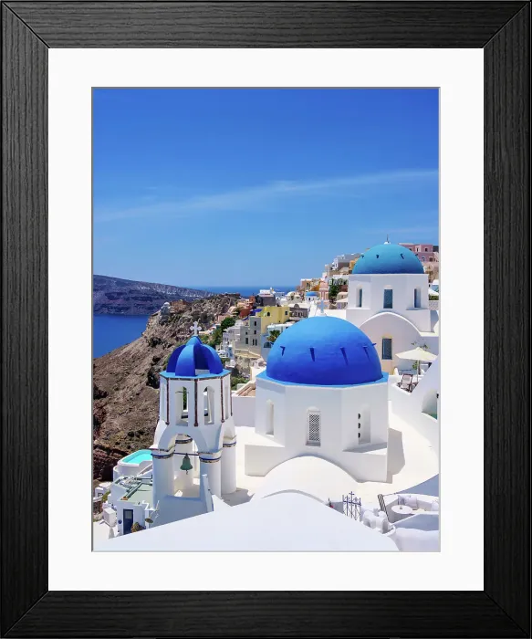 Framed Print : Iconic blue domed churches of Saint Spyridon and Resurrection of the Lord, Oia Village, Santorini or Thira Island, Cyclades, Greece Framed Print : Iconic blue domed churches of Saint Spyridon and Resurrection of the Lord, Oia Village, Santorini or Thira Island, Cyclades, Greece