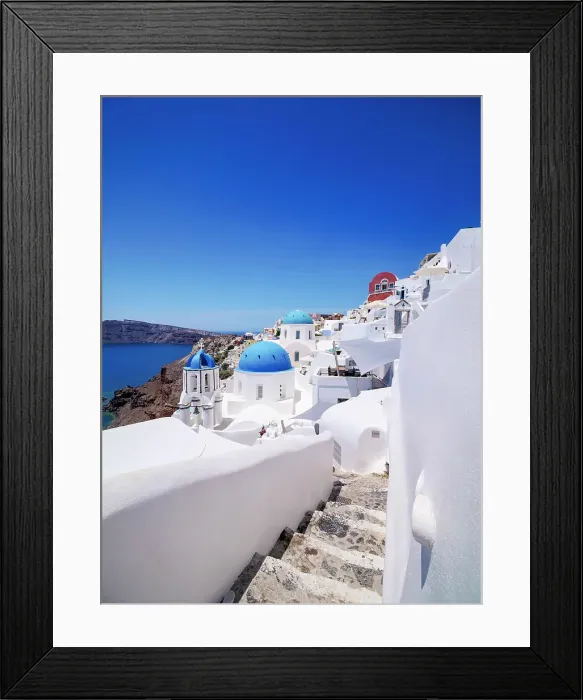Framed Print : Iconic blue domed churches of Saint Spyridon and Resurrection of the Lord, Oia Village, Santorini or Thira Island, Cyclades, Greece