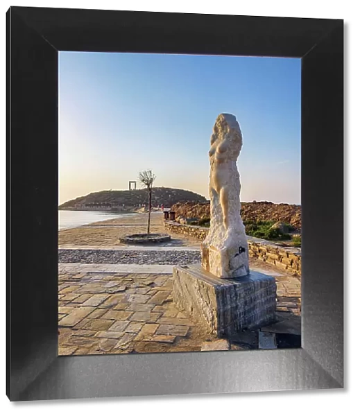 Statue of Aphrodite and Temple of Apollo at sunset, Chora, Naxos City, Naxos Island, Cyclades, Greece