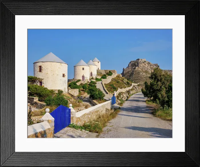 Framed Print : Windmills of Pandeli with Medieval Castle in the background, Leros Island, Dodecanese, Greece Framed Print : Windmills of Pandeli with Medieval Castle in the background, Leros Island, Dodecanese, Greece