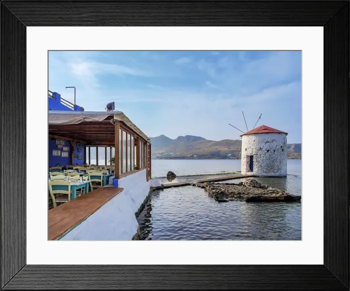 Framed Print : Mylos Restaurant and Windmill on the water, Agia Marina, Leros Island, Dodecanese, Greece Framed Print : Mylos Restaurant and Windmill on the water, Agia Marina, Leros Island, Dodecanese, Greece