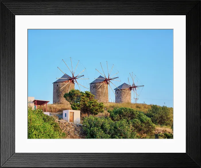 Framed Print : Windmills of Patmos Chora at sunset, Patmos Island, Dodecanese, Greece