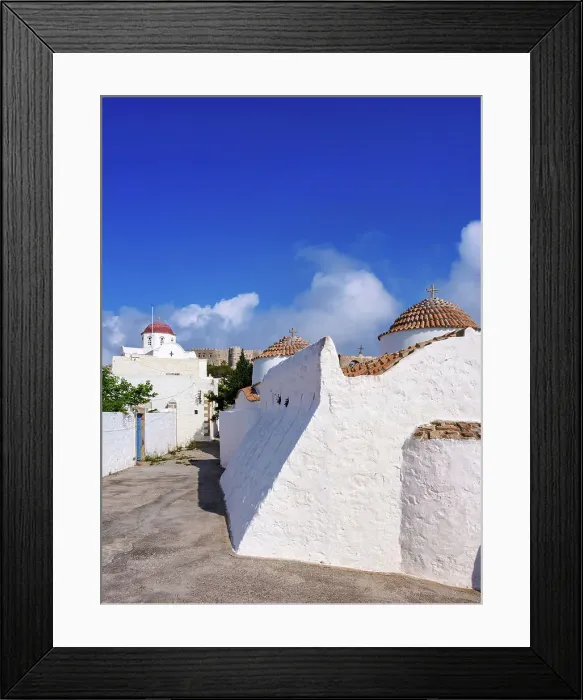 Framed Print : Whitewashed churches of Patmos Chora, Monastery of Saint-John the Theologian in the background, Patmos Island, Dodecanese, Greece Framed Print : Whitewashed churches of Patmos Chora, Monastery of Saint-John the Theologian in the background, Patmos Island, Dodecanese, Greece