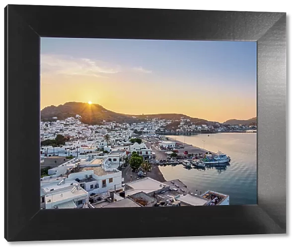 Skala Port at sunset, elevated view, Patmos Island, Dodecanese, Greece