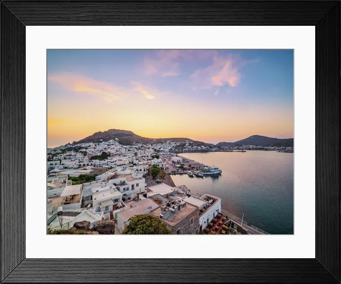 Framed Print : Skala Port at dusk, elevated view, Patmos Island, Dodecanese, Greece Framed Print : Skala Port at dusk, elevated view, Patmos Island, Dodecanese, Greece