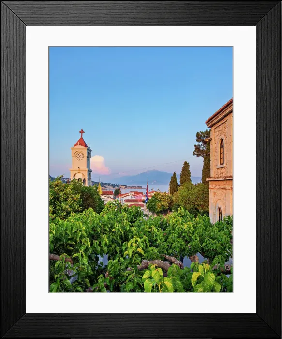Framed Print : Clock Tower of the Church of the Transfiguration of Christ the Savior at the Lykourgos Logothetis Castle, Pythagoreio, Samos Island, North Aegean, Greece