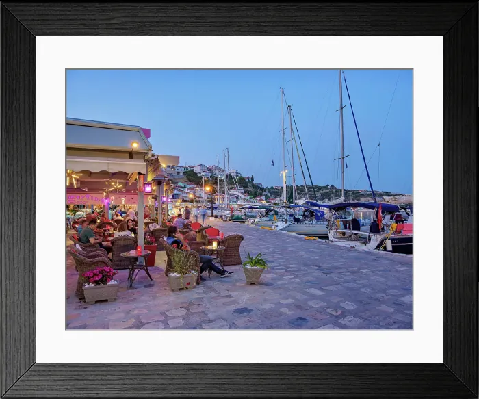 Framed Print : Restaurants at the waterfront at dusk, Port of Pythagoreio, Samos Island, North Aegean, Greece Framed Print : Restaurants at the waterfront at dusk, Port of Pythagoreio, Samos Island, North Aegean, Greece