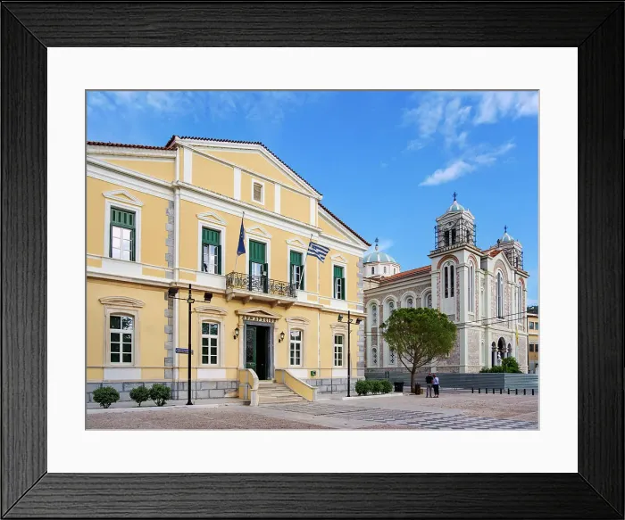 Framed Print : Town Hall and Church of Agios Spyridon, Samos Town, Samos Island, North Aegean, Greece